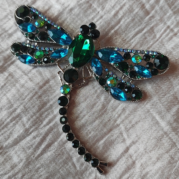 Rhinestone Oversized Huge Dragonfly Brooch Pendant Emerald Green Aqua Silver NEW - Picture 3 of 6